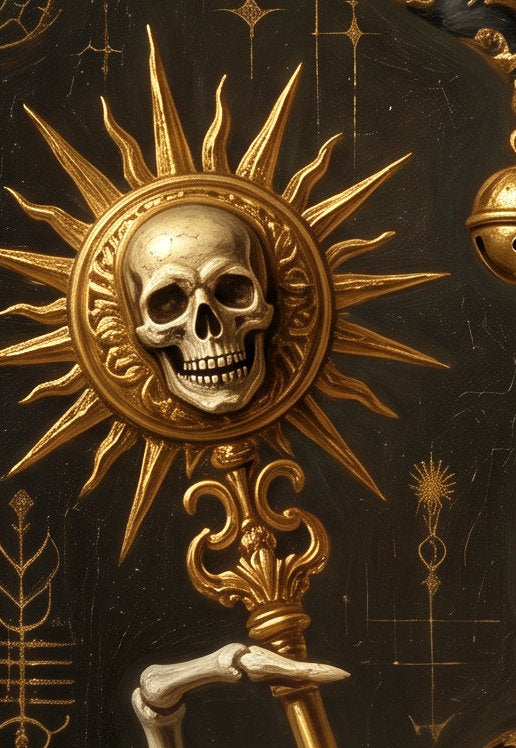 Detailsansicht. Dark-Art-Wandbild im Quadratformat mit barockem Skelettnarren, goldener Krone, Faltenkragen und Szepter vor dunklem Hintergrund.