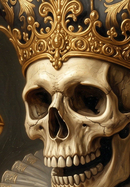 Detailsansicht. Quadratisches Poster mit barockem Narrenskelett, goldener Krone, weißem Faltenkragen und Szepter in schwarzer und goldener Dark-Art-Optik.