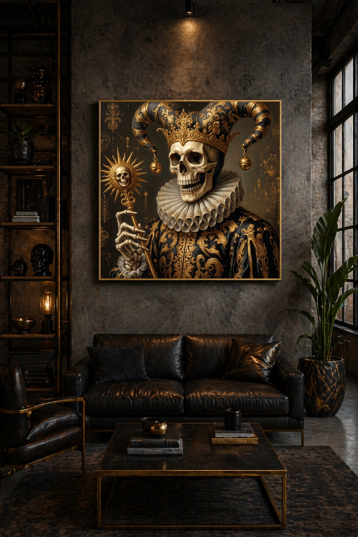 Gothic-Digitalposter im Quadratformat mit Narrenskelett, goldener Krone, weißem Faltenkragen und Szepter in dramatischer Dark-Art-Anmutung.