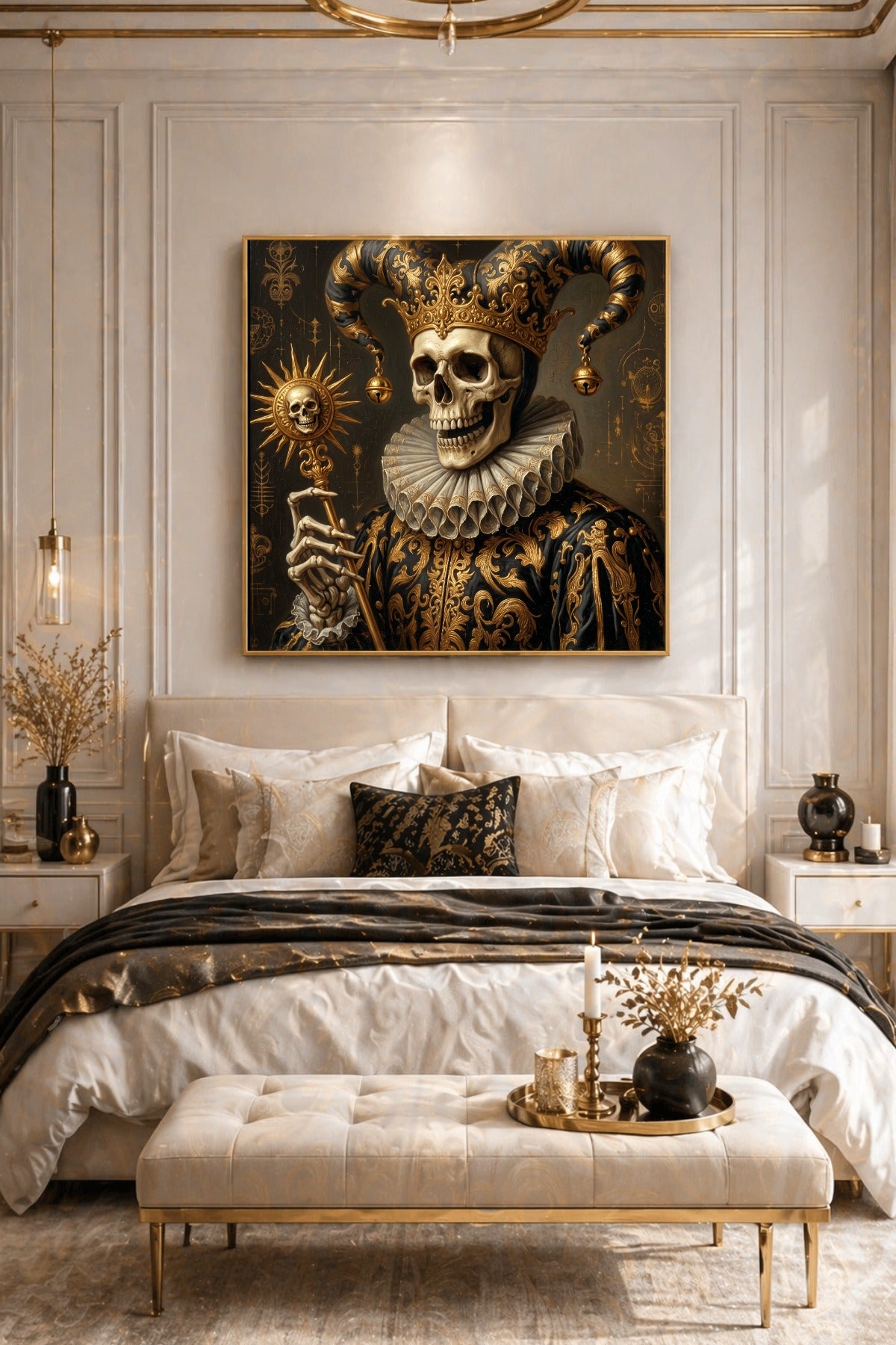 Barockes Narrenskelett als quadratisches Dark-Art-Poster mit goldener Krone, weißem Halskragen und Szepter in düsterer Farbgebung.