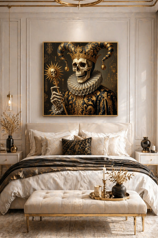 Gedrucktes Poster mit Skelett Hofnarr und Barockdetails als Wandbild über einem hellen Bett mit goldener Deko