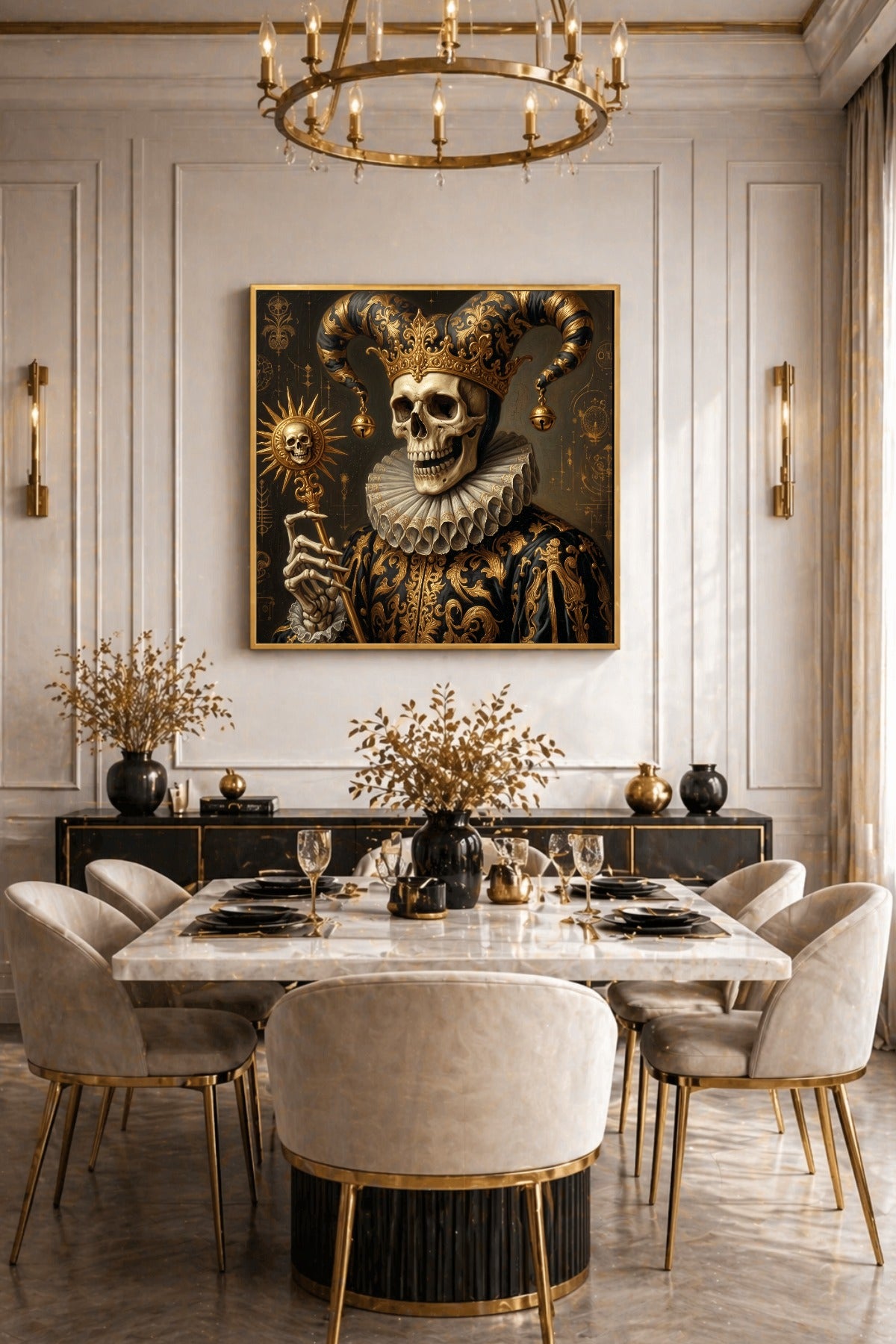 Quadratisches digitales Wandbild mit Skelettnarr, goldener Krone, Faltenkragen und Szepter in schwarzer und goldener Barock-Optik.