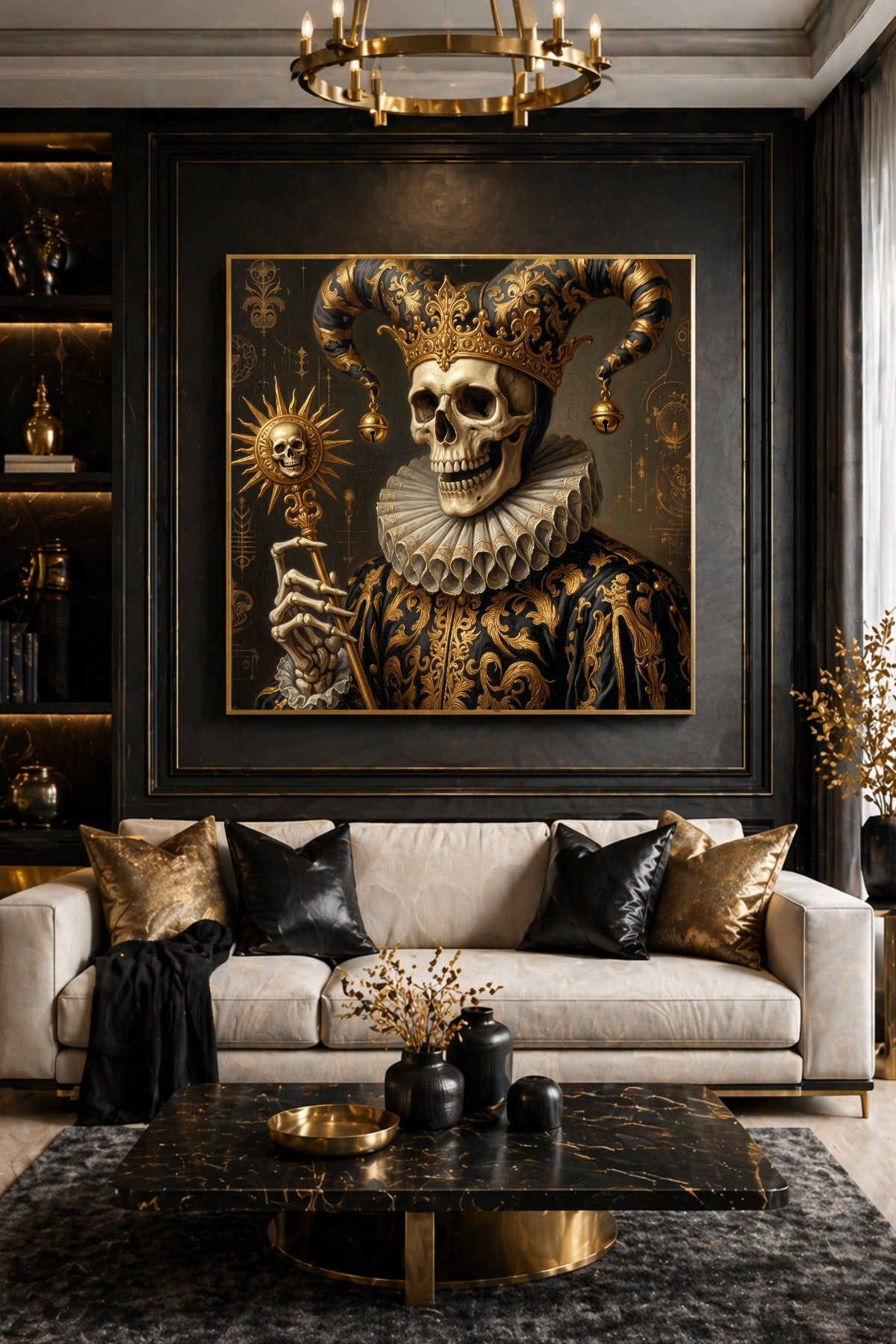 Dark-Art-Poster im Quadrat mit barockem Narrenskelett, goldenen Details, weißem Faltenkragen und dekorativem Szepter.