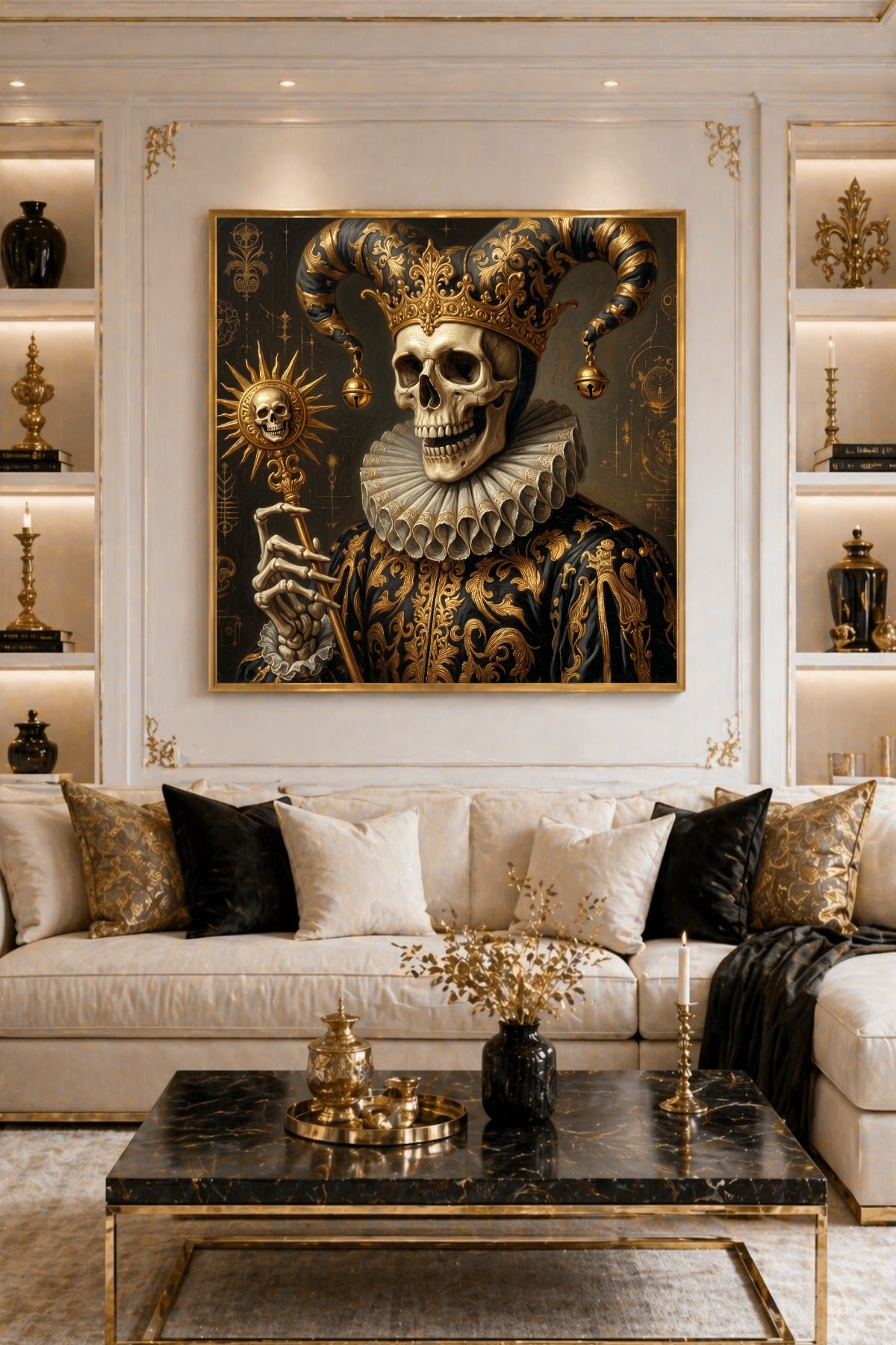 Quadratische Gothic-Wandkunst mit Narrenskelett in Schwarz und Gold, verzierter Krone, Faltenkragen und goldenem Szepter.