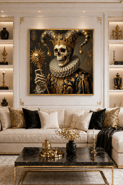 Quadratische Gothic-Wandkunst mit Narrenskelett in Schwarz und Gold, verzierter Krone, Faltenkragen und goldenem Szepter.