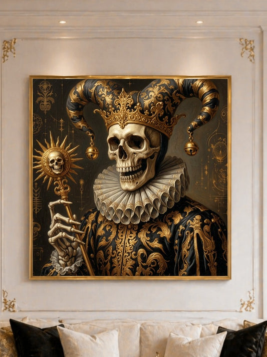 Nahansicht des Skelett Hofnarr Posters mit goldener Krone, Halskrause, Barockrobe und Totenkopf-Zepter