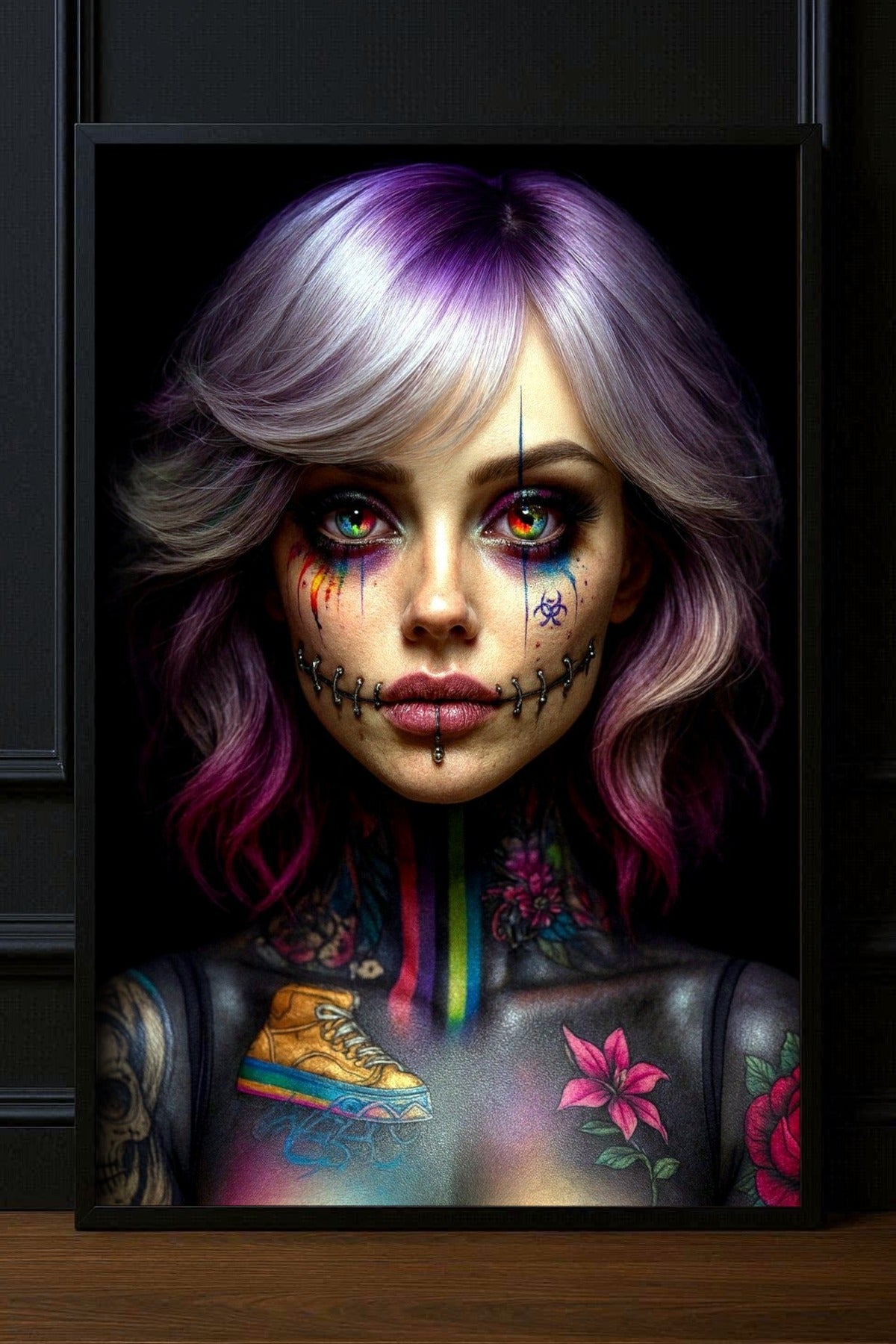 Gothic Portrait Poster mit tätowierter Frau, lila Haaren, bunten Augen und dunklem Stitch-Make-up vor schwarzem Hintergrund.