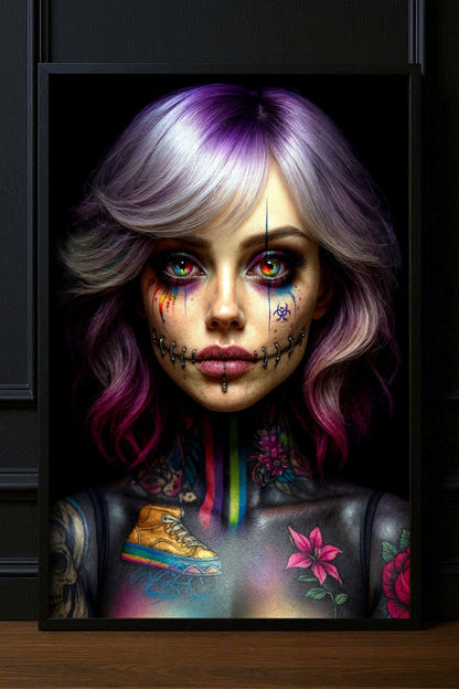 Gothic Portrait Poster mit tätowierter Frau, lila Haaren, bunten Augen und dunklem Stitch-Make-up vor schwarzem Hintergrund.