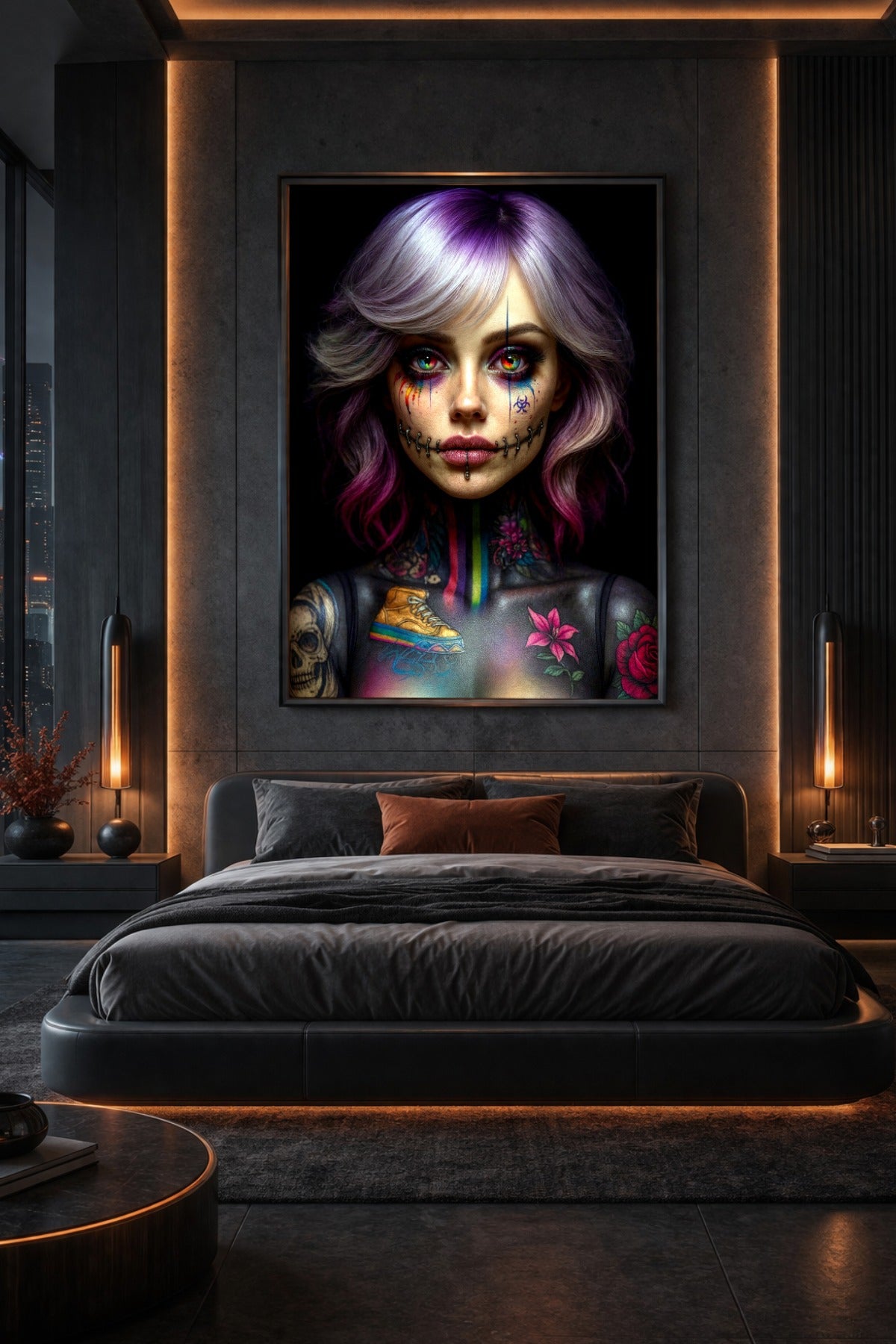 Gothic Portrait Poster mit tätowierter Frau, violetten Haaren, farbigen Augen und markantem Stitch-Make-up vor schwarzem Hintergrund.