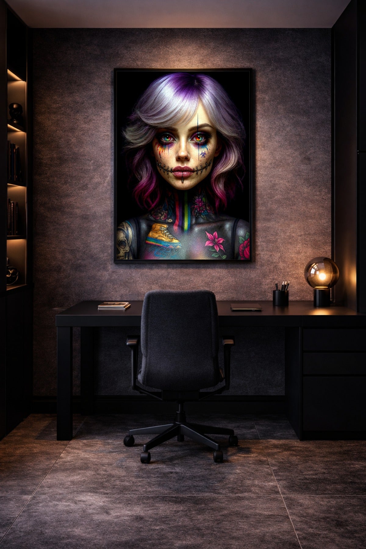 Digitales Gothic-Wandbild mit tätowierter Frau, lila Haaren, bunten Augen und dunkler Stitch-Make-up-Optik auf schwarzem Grund.