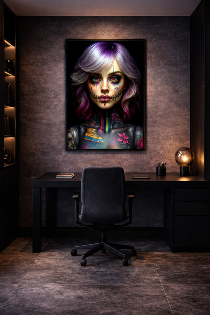 Digitales Gothic-Wandbild mit tätowierter Frau, lila Haaren, bunten Augen und dunkler Stitch-Make-up-Optik auf schwarzem Grund.