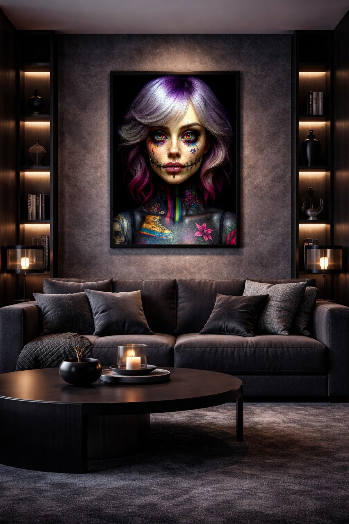 Ausdrucksstarkes Gothic-Poster mit Frau im Porträt, violetten Haaren, mehrfarbigen Augen und düsterem Stitch-Make-up vor tiefschwarzem Hintergrund.