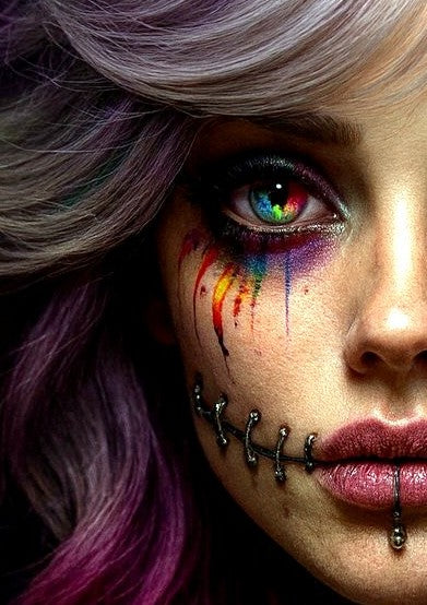 Gothic Wandbild mit tätowierter Frau, violetten Haaren, bunten Augen und düsterem Stitch-Make-up auf schwarzem Hintergrund.