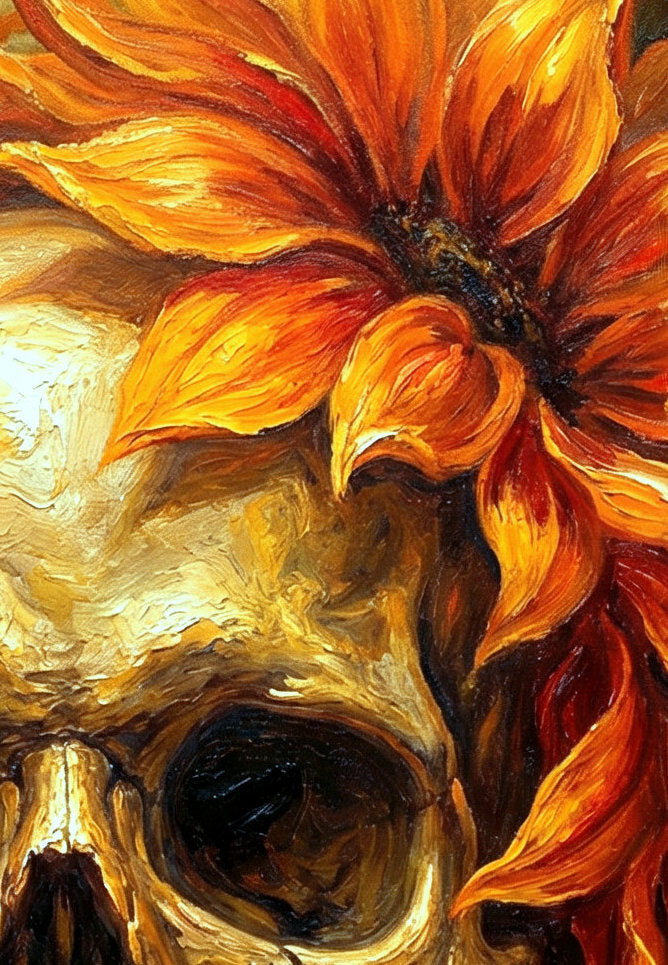 Detailsansicht. Gothic Poster mit goldenem Skull, orange-roten Blüten und dunklem Hintergrund, gestaltet im dramatischen Ölgemälde-Stil.