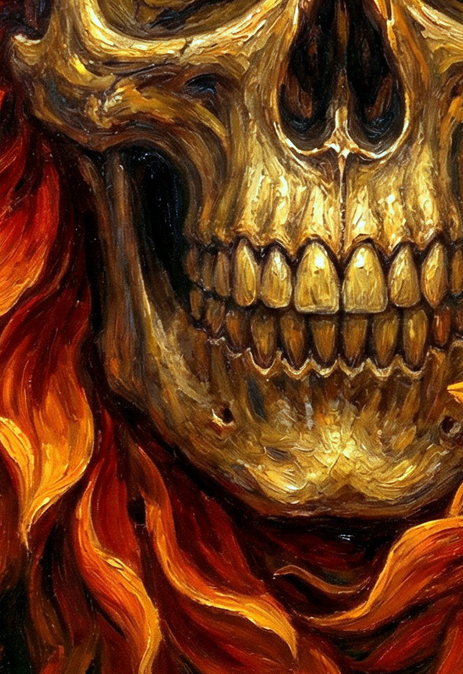 Detailsansicht. Digitales Gothic Wandbild mit goldenem Totenkopf, warmen orange-roten Blumenblättern und dunkler, malerischer Hintergrundwirkung.