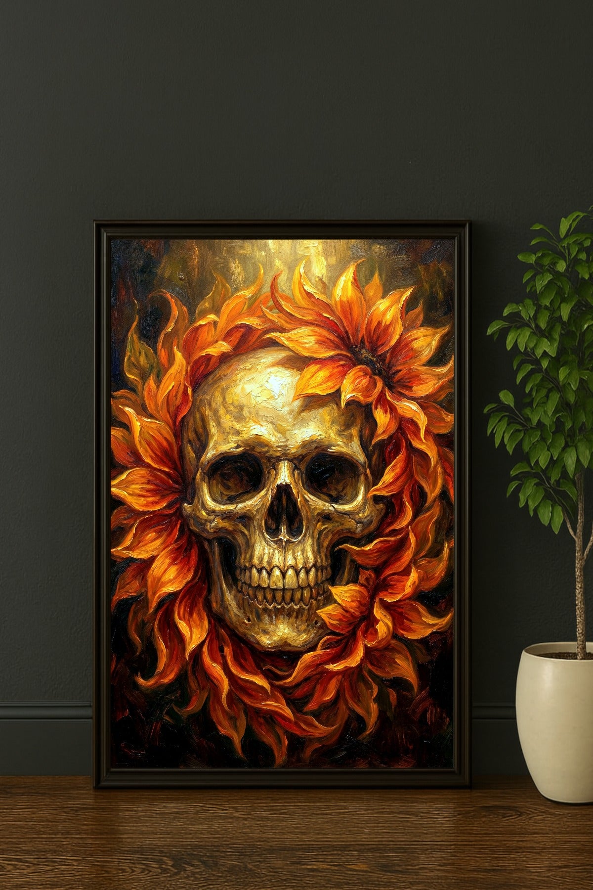 Gothic Poster mit goldenem Skull, orange-roten Blüten und dunklem Hintergrund im Ölgemälde-Stil.