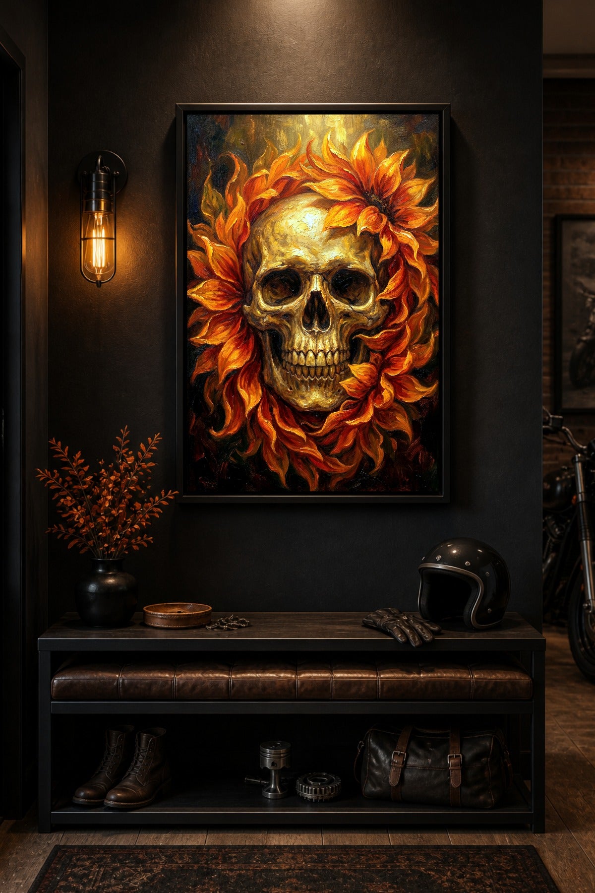 Gothic Poster mit goldenem Skull, orange-roten Blüten und dunklem Hintergrund, gestaltet im dramatischen Ölgemälde-Stil.