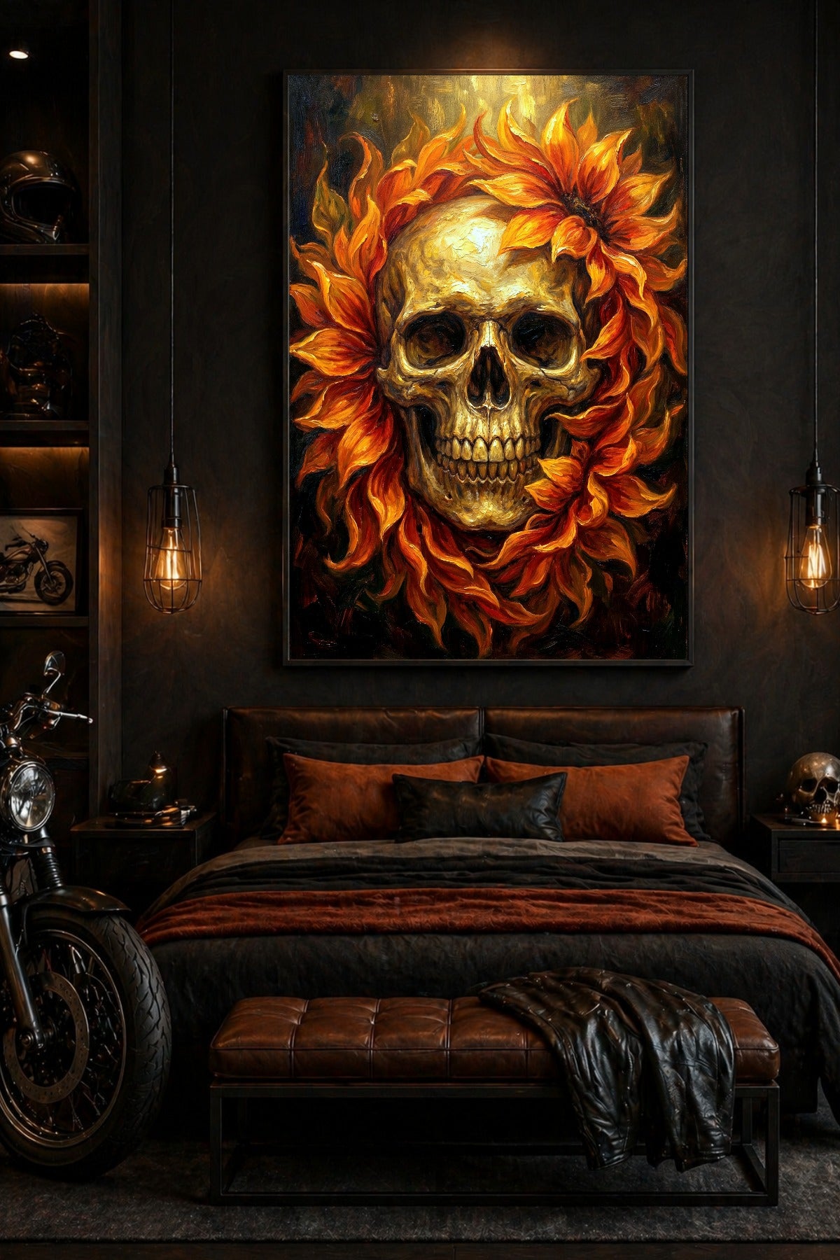 Skull Wall Art im Gothic-Stil mit goldfarbenem Schädel, orange-roten Blüten und starkem Hell-Dunkel-Kontrast.