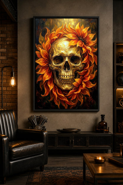 Gothic Skull Poster mit goldfarbenem Schädel, roten und orangefarbenen Blüten sowie dramatischem dunklem Hintergrund.