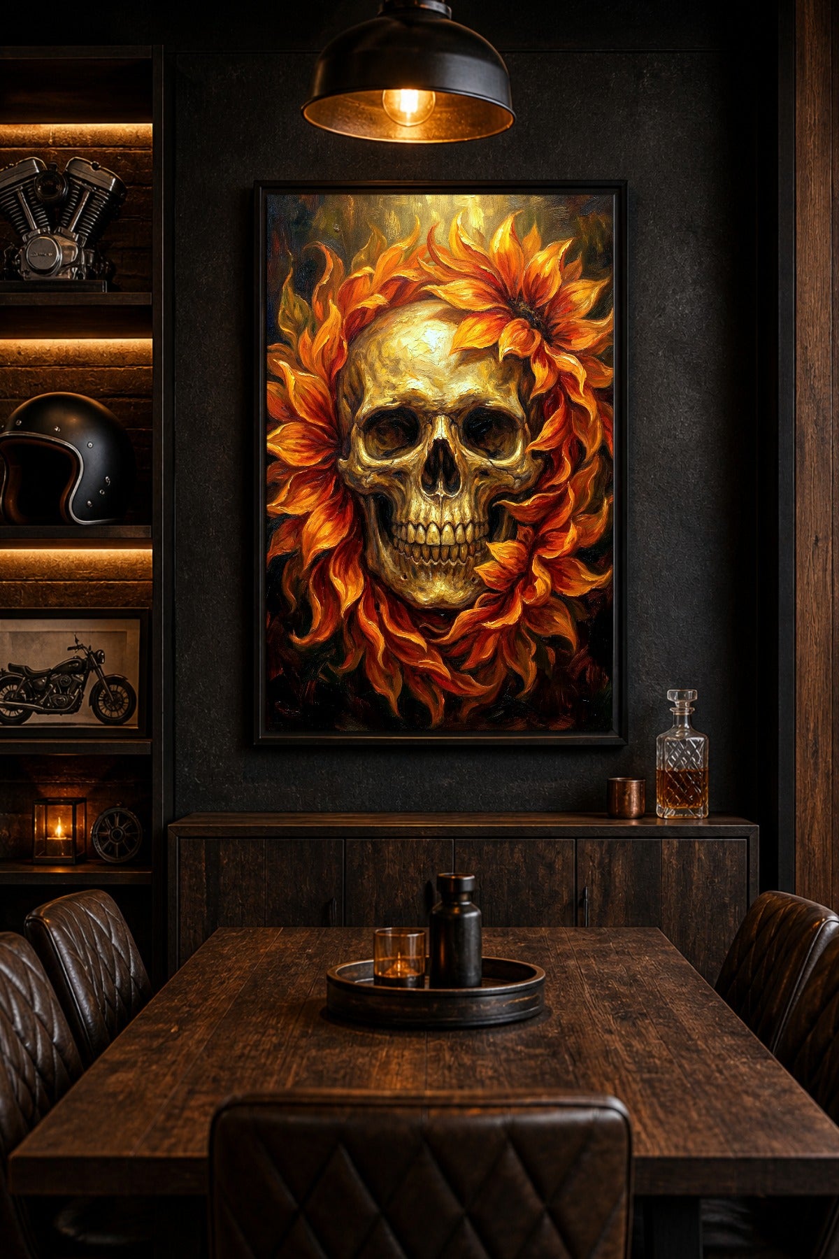 Dunkles Poster mit goldenem Skull, orange-rotem Blumendekor und sichtbarer Pinselstruktur als Gothic Decor.