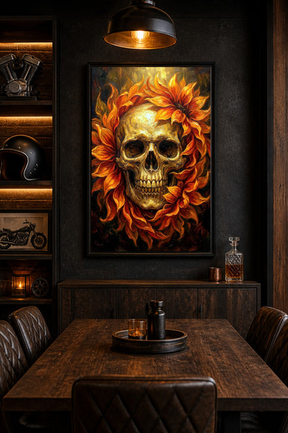 Dunkles Poster mit goldenem Skull, orange-rotem Blumendekor und sichtbarer Pinselstruktur als Gothic Decor.