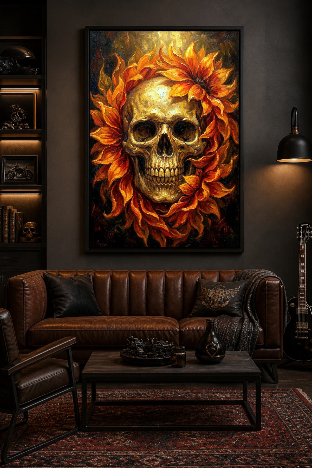Gothic Poster mit goldenem Totenkopf, flammend wirkenden Blüten in Orange und Rot sowie dunklem Hintergrund im Ölbild-Look.