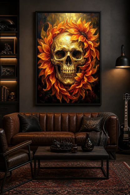 Gothic Poster mit goldenem Totenkopf, flammend wirkenden Blüten in Orange und Rot sowie dunklem Hintergrund im Ölbild-Look.