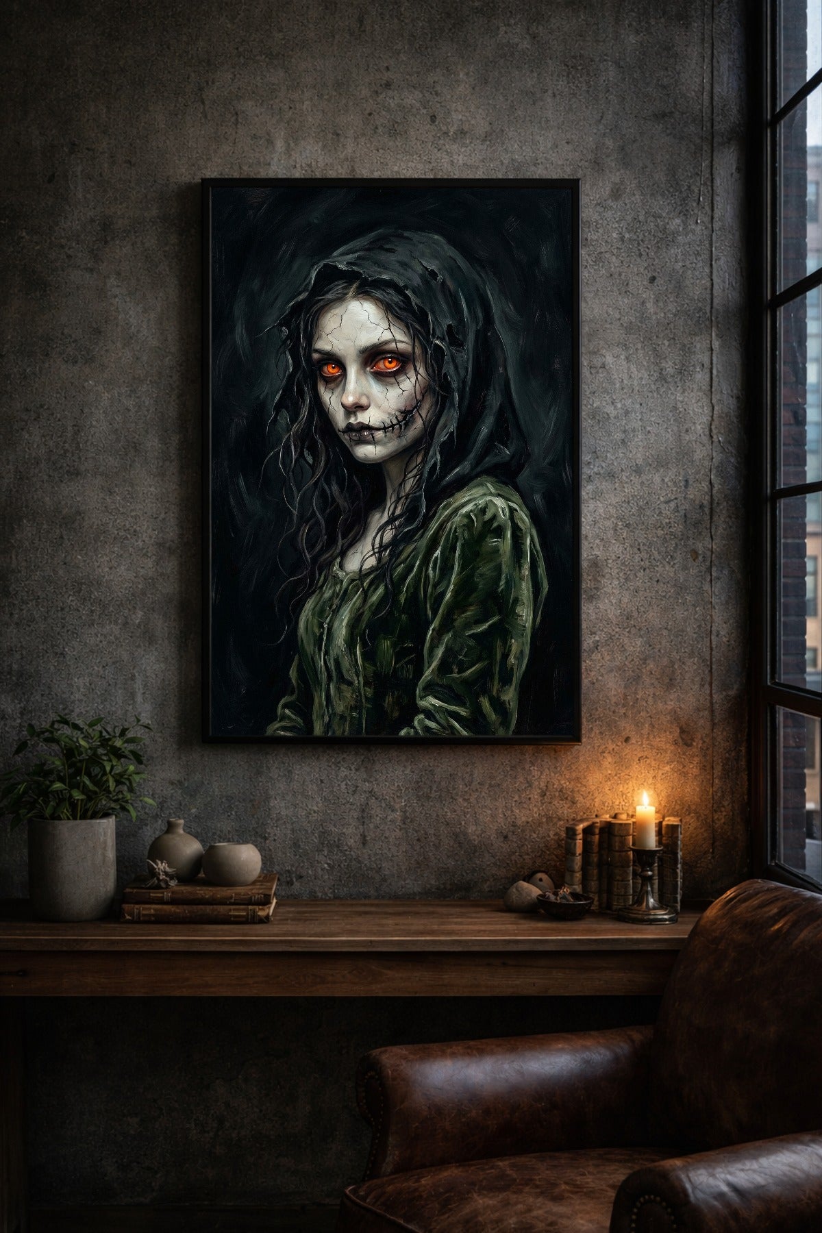Düsteres Gothic Wandbild einer Frau mit rissiger Haut, schwarzer Kapuze und orange leuchtenden Augen im Dark-Fantasy-Stil.