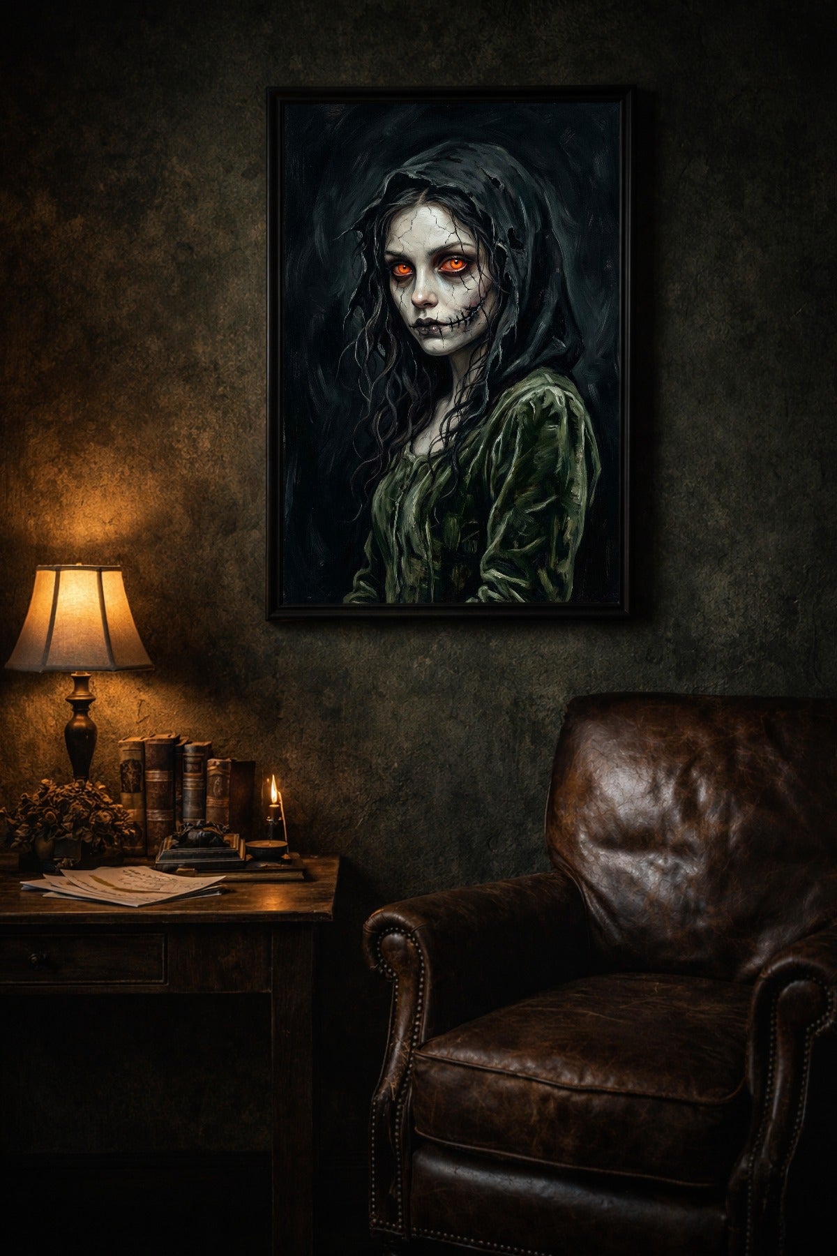 Düsteres Gothic Wandbild einer Frau mit rissiger Haut, schwarzer Kapuze und orange leuchtenden Augen im Dark-Fantasy-Stil.