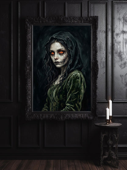 Düsteres Gothic Wandbild einer Frau mit rissiger Haut, schwarzer Kapuze und orange leuchtenden Augen im Dark-Fantasy-Stil.