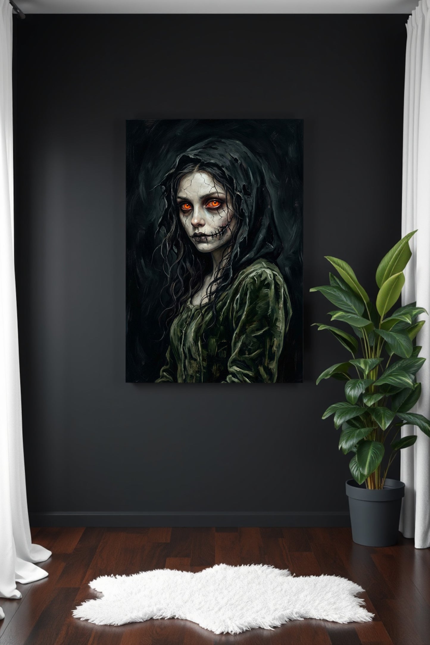Düsteres Gothic Wandbild einer Frau mit rissiger Haut, schwarzer Kapuze und orange leuchtenden Augen im Dark-Fantasy-Stil.