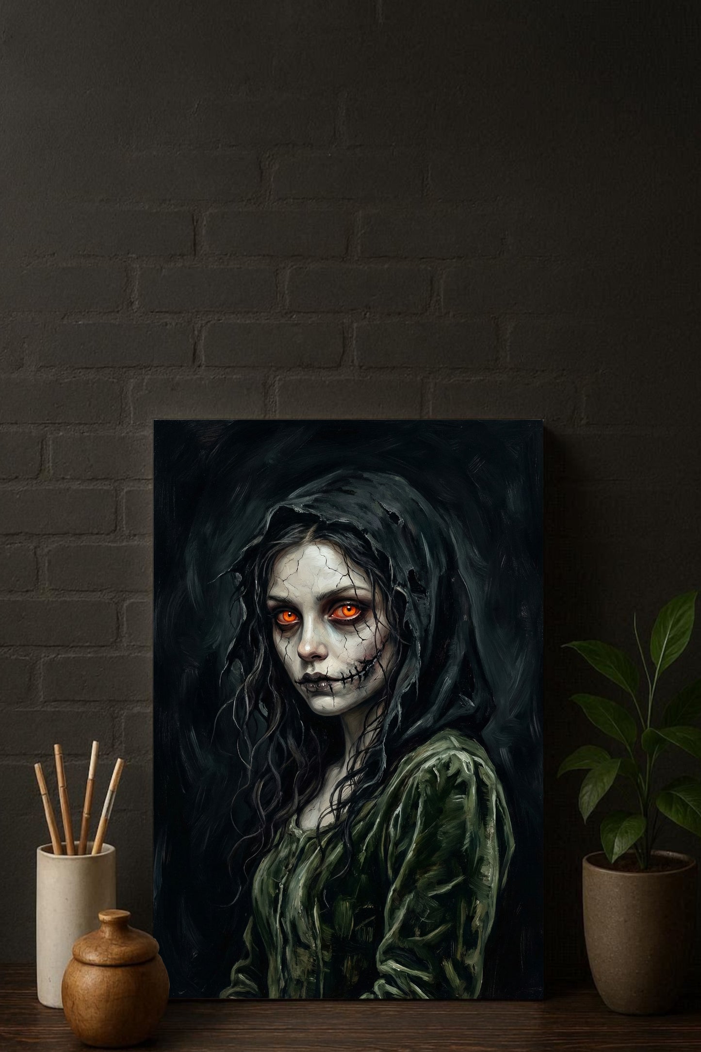 Düsteres Gothic Wandbild einer Frau mit rissiger Haut, schwarzer Kapuze und orange leuchtenden Augen im Dark-Fantasy-Stil.