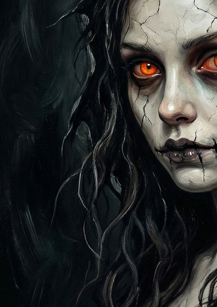 Düsteres Gothic Wandbild einer Frau mit rissiger Haut, schwarzer Kapuze und orange leuchtenden Augen im Dark-Fantasy-Stil.