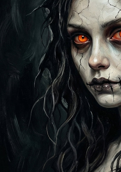 Düsteres Gothic Wandbild einer Frau mit rissiger Haut, schwarzer Kapuze und orange leuchtenden Augen im Dark-Fantasy-Stil.