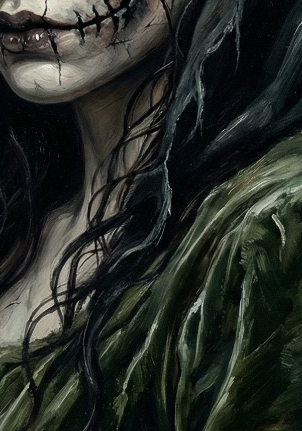 Düsteres Gothic Wandbild einer Frau mit rissiger Haut, schwarzer Kapuze und orange leuchtenden Augen im Dark-Fantasy-Stil.