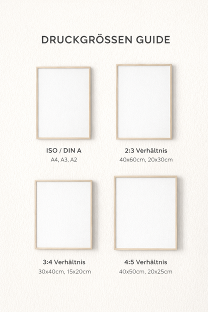 Minimalistische Druckgrößen-Übersicht mit vier gerahmten Platzhaltern für ISO/DIN A, 2:3, 3:4 und 4:5 Verhältnisse auf hellem Hintergrund.