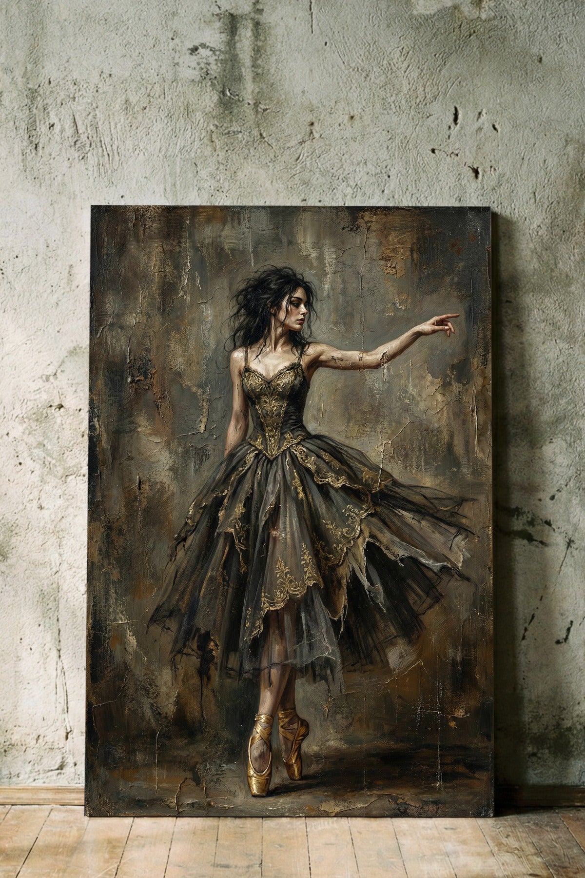Digitales Grunge Poster mit Ballerina auf Spitze in dunklem Kleid mit goldenen Details vor rauer Wand im Dark-Academy-Stil