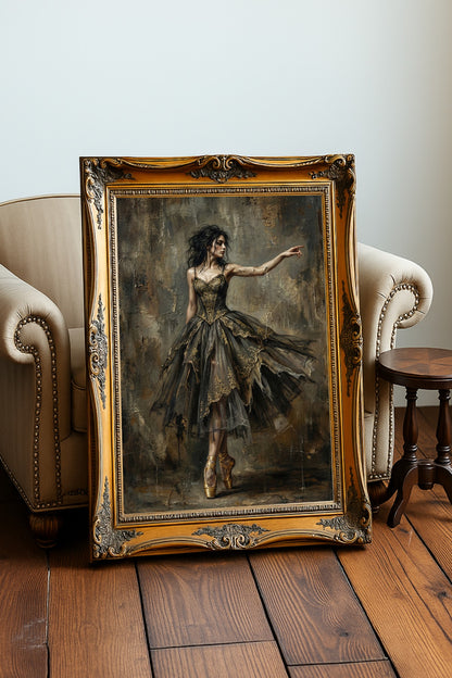 Digitales Grunge Poster mit Ballerina auf Spitze in dunklem Kleid mit goldenen Details vor rauer Wand im Dark-Academy-Stil