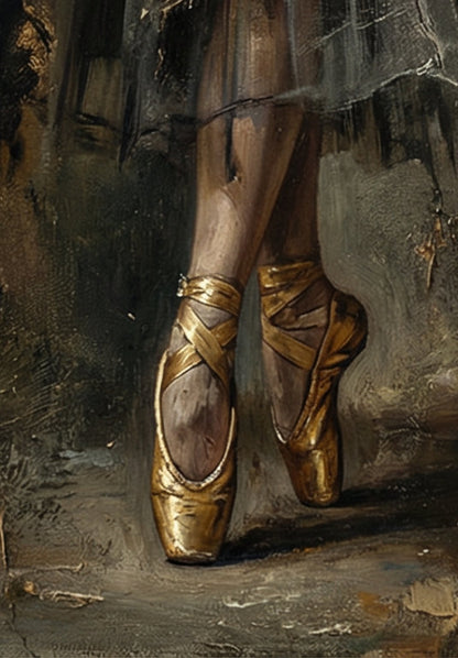Digitales Grunge Poster mit Ballerina auf Spitze in dunklem Kleid mit goldenen Details vor rauer Wand im Dark-Academy-Stil