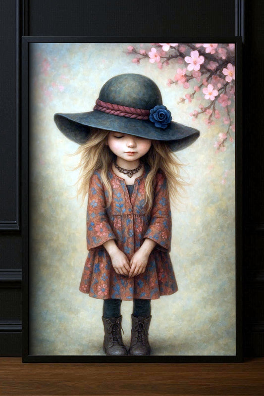 Boho Mädchen Illustration mit großem Hut und Blüte, florales Kleid, Boots, zarter Blütenzweig in Pastell, Poster