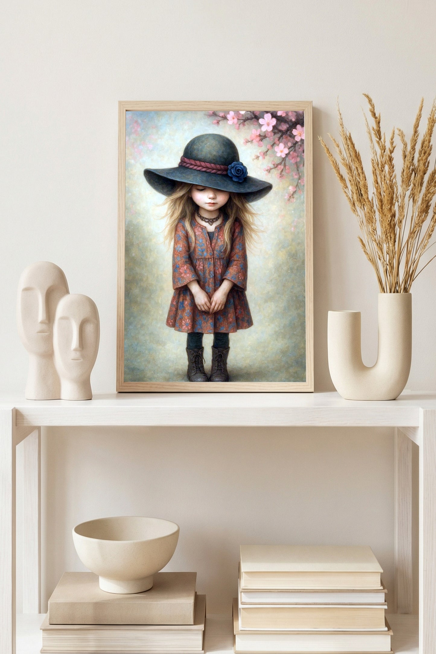 Boho Mädchen Illustration mit großem Hut und Blüte, florales Kleid, Boots, zarter Blütenzweig in Pastell, Poster