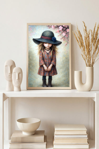 Boho Mädchen Illustration mit großem Hut und Blüte, florales Kleid, Boots, zarter Blütenzweig in Pastell, Poster