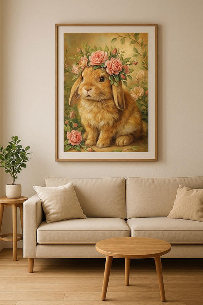 Malerisches Porträt eines braunen Kaninchens mit einem üppigen Kranz aus rosa Rosen, im Stil eines antiken Ölgemäldes für romantische Wandgestaltung.