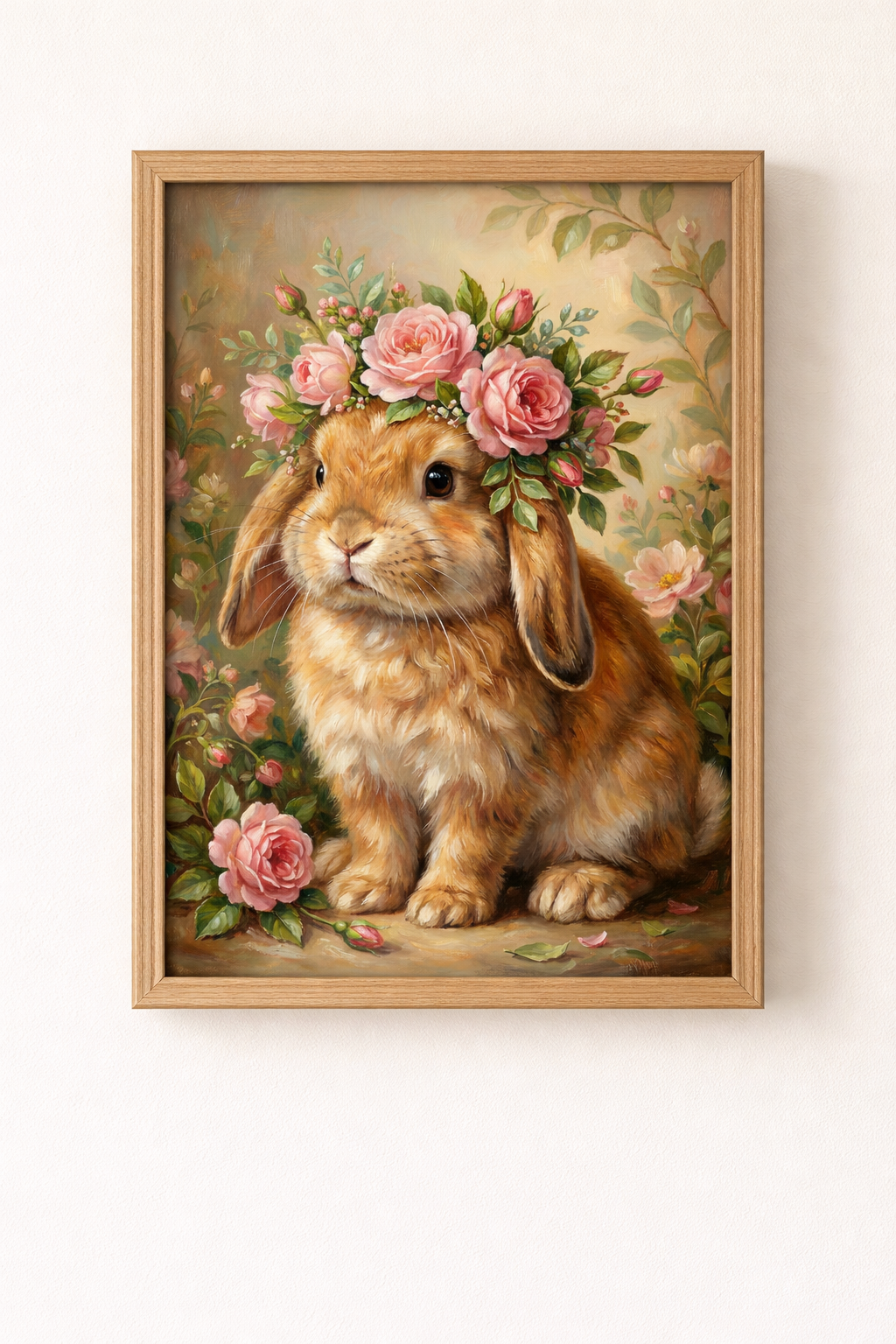 Malerisches Porträt eines braunen Kaninchens mit einem üppigen Kranz aus rosa Rosen, im Stil eines antiken Ölgemäldes für romantische Wandgestaltung.
