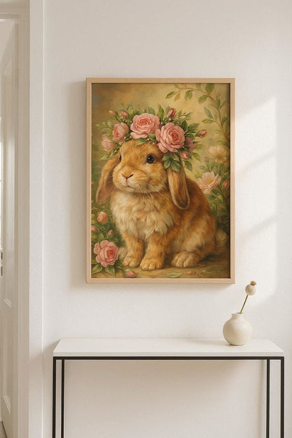 Malerisches Porträt eines braunen Kaninchens mit einem üppigen Kranz aus rosa Rosen, im Stil eines antiken Ölgemäldes für romantische Wandgestaltung.