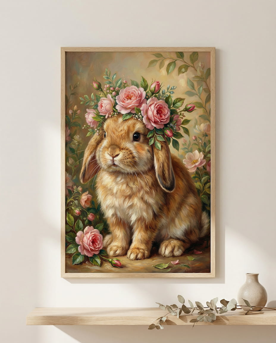 Malerisches Porträt eines braunen Kaninchens mit einem üppigen Kranz aus rosa Rosen, im Stil eines antiken Ölgemäldes für romantische Wandgestaltung.