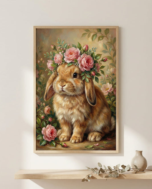 Malerisches Porträt eines braunen Kaninchens mit einem üppigen Kranz aus rosa Rosen, im Stil eines antiken Ölgemäldes für romantische Wandgestaltung.