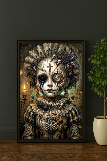 Digitaler Steampunk Art Print mit Haunted Doll, rissigem Porzellangesicht, Zahnrädern, Rosen, Kerze und Gothic-Symbolen.