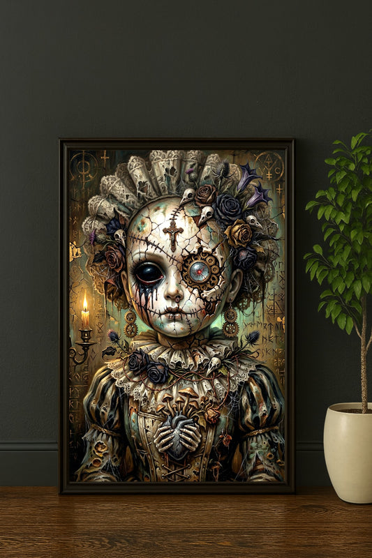 Digitaler Steampunk Art Print mit Haunted Doll, rissigem Porzellangesicht, Zahnrädern, Rosen, Kerze und Gothic-Symbolen.