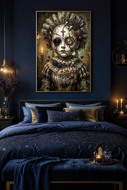 Haunted Doll Poster als Digitaldownload mit Porzellanrissen, mechanischen Details, Rosen, Kerze und düsterer Steampunk-Gothic-Atmosphäre.